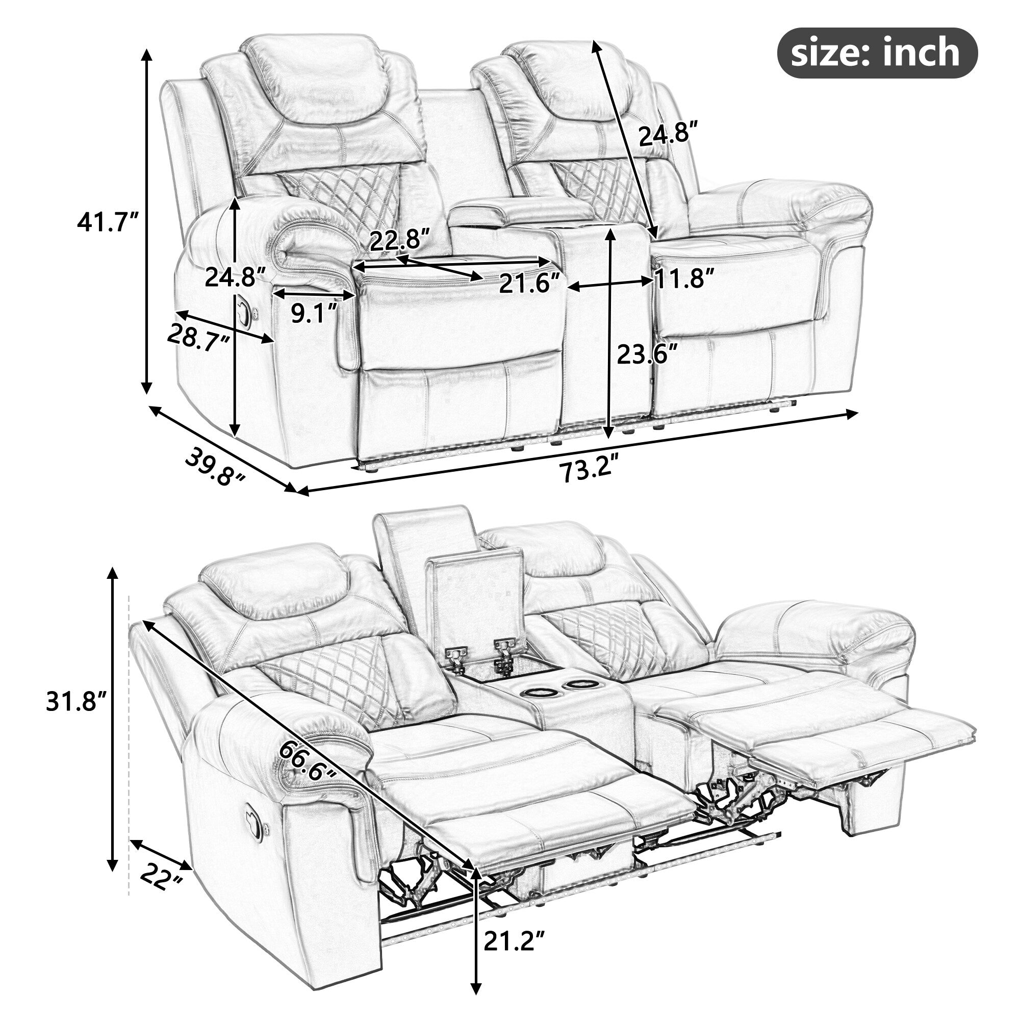 Ensemble de canapés inclinables 3 pièces Roomfitters avec fauteuils inclinables manuels, rangement dans la console centrale et éclairage d'ambiance doux
