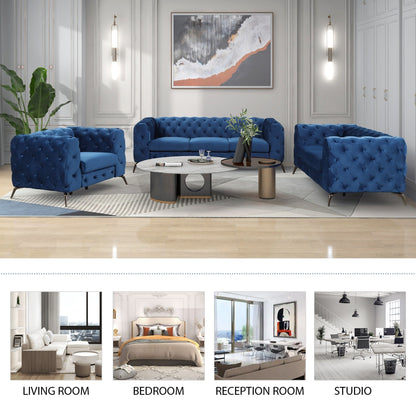 Ensemble de canapés rembourrés en velours 3 pièces Roomfitters avec pieds en métal robustes, comprenant un canapé trois places, une causeuse et une chaise simple