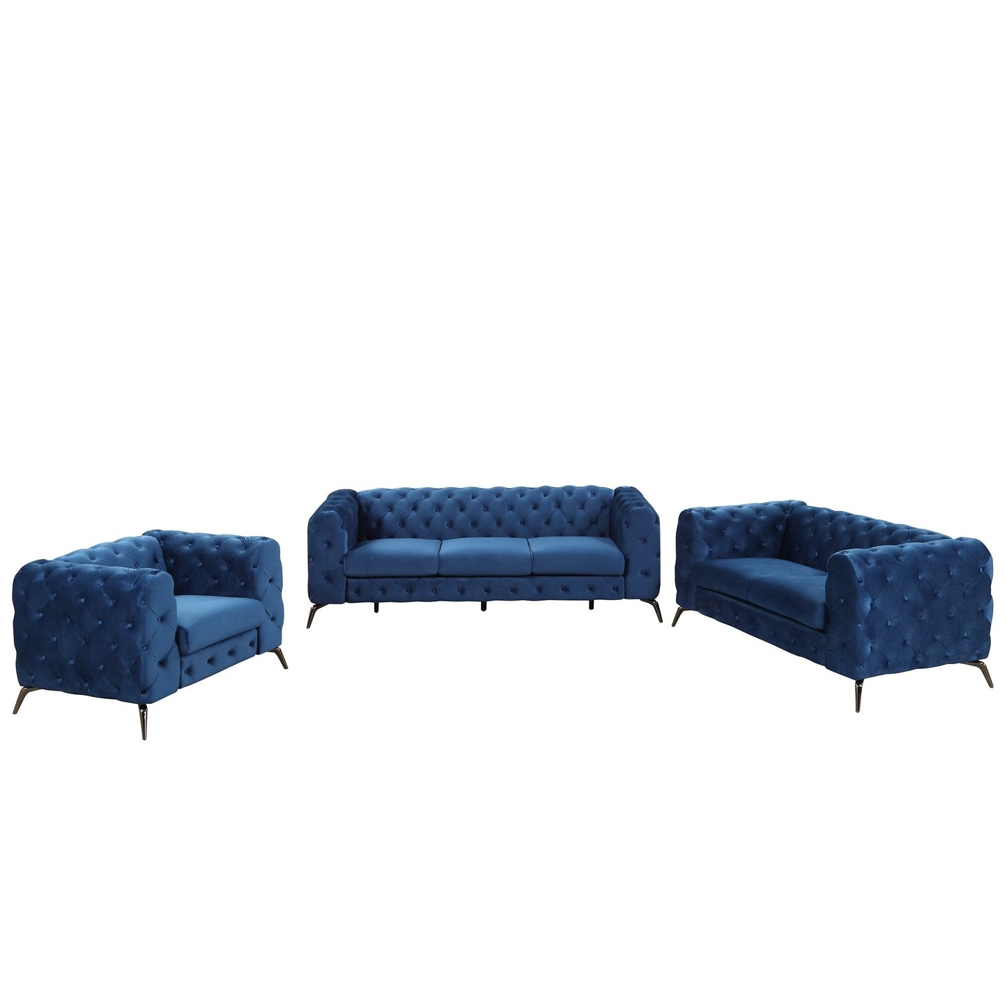Ensemble de canapés rembourrés en velours 3 pièces Roomfitters avec pieds en métal robustes, comprenant un canapé trois places, une causeuse et une chaise simple