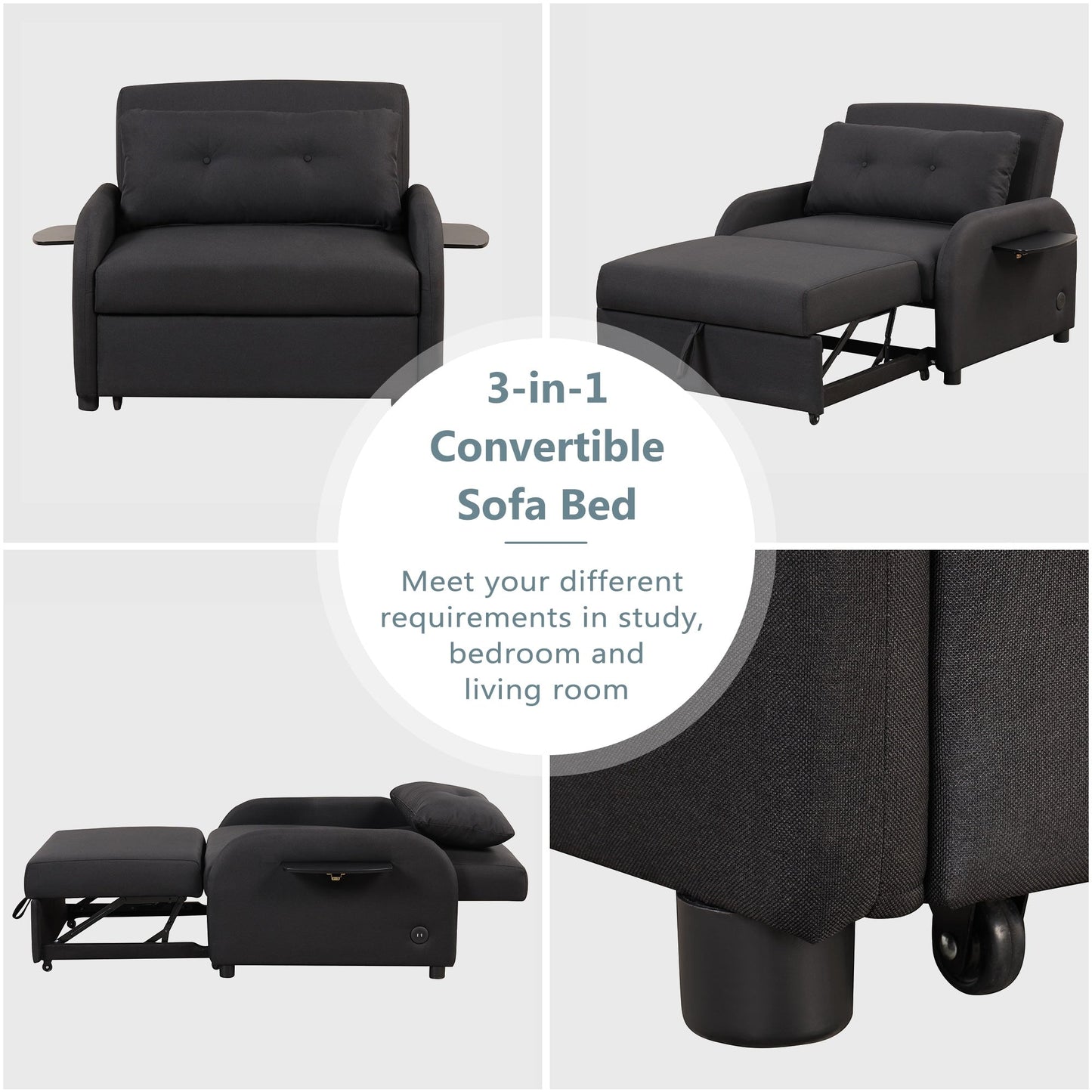 Canapé-lit gigogne 3 en 1 Roomfitters avec table à deux ailes et port de chargement USB pour salon et salle de loisirs