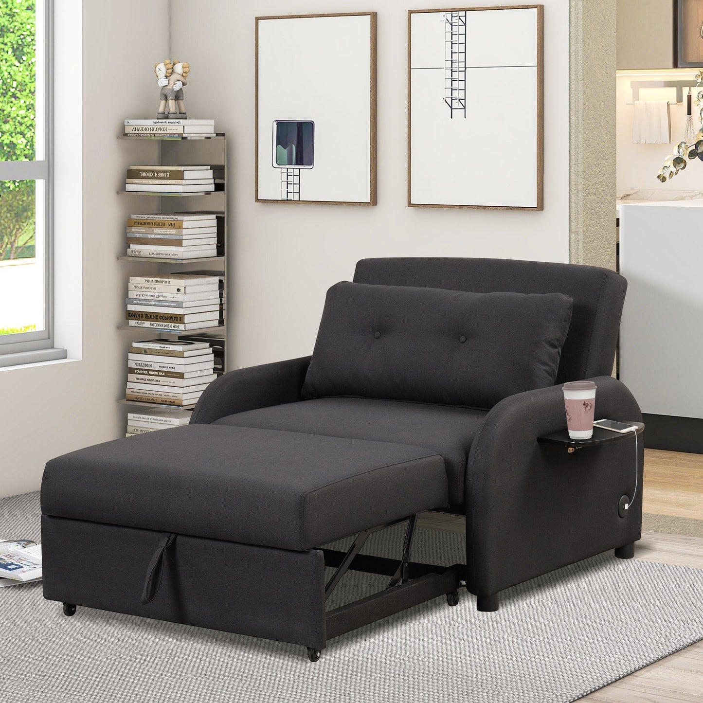 Canapé-lit gigogne 3 en 1 Roomfitters avec table à deux ailes et port de chargement USB pour salon et salle de loisirs