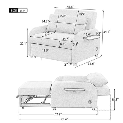 Canapé-lit gigogne 3-en-1 Roomfitters avec tables à oreilles, chargement USB et tissu adapté à la sieste pour le salon