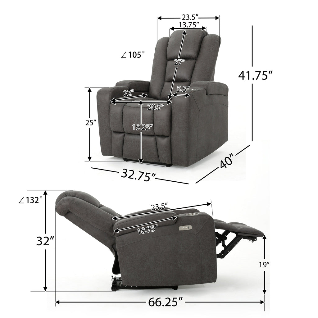 Fauteuil inclinable standard électrique Roomfitters 33 avec rangement pour accoudoirs et port USB, ardoise