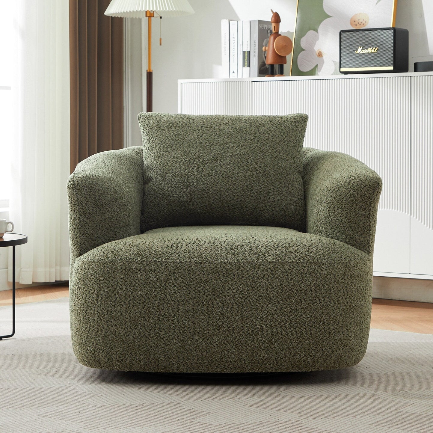 Roomfitters Fauteuil pivotant rembourré en chenille à 360° avec coussin décoratif pour salon, chambre, bureau, hôtel