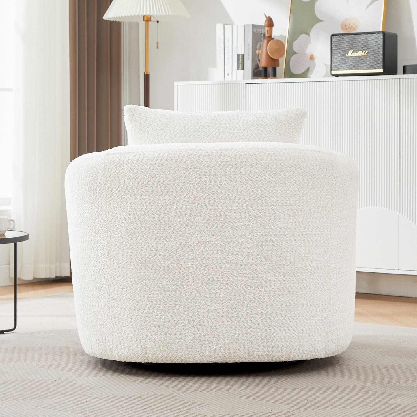 Roomfitters Fauteuil pivotant rembourré en chenille à 360° avec coussin décoratif pour salon, chambre, bureau, hôtel