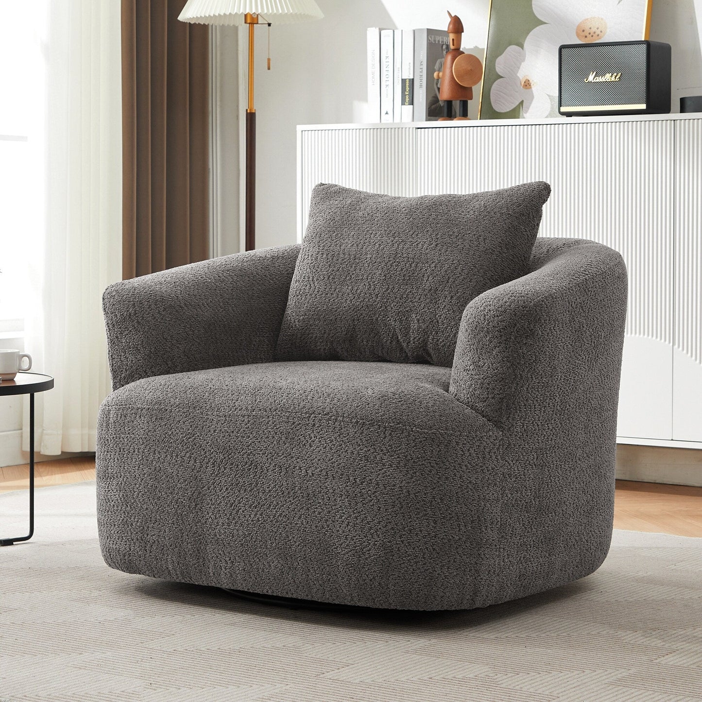 Roomfitters Fauteuil pivotant rembourré en chenille à 360° avec coussin décoratif pour salon, chambre, bureau, hôtel