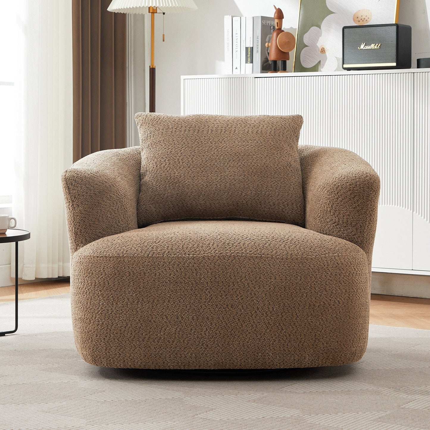 Roomfitters Fauteuil pivotant rembourré en chenille à 360° avec coussin décoratif pour salon, chambre, bureau, hôtel