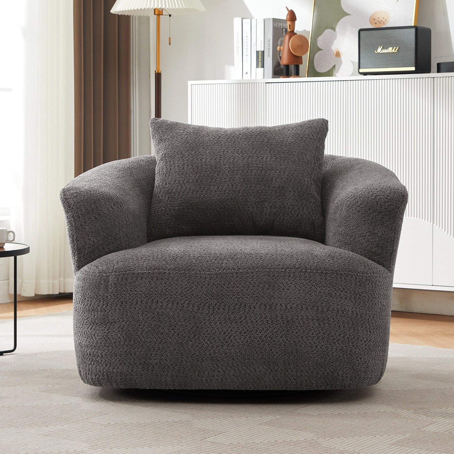 Roomfitters Fauteuil pivotant rembourré en chenille à 360° avec coussin décoratif pour salon, chambre, bureau, hôtel