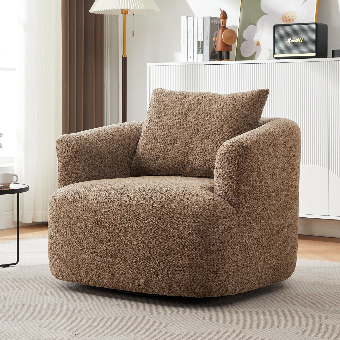 Roomfitters Fauteuil pivotant rembourré en chenille à 360° avec coussin décoratif pour salon, chambre, bureau, hôtel