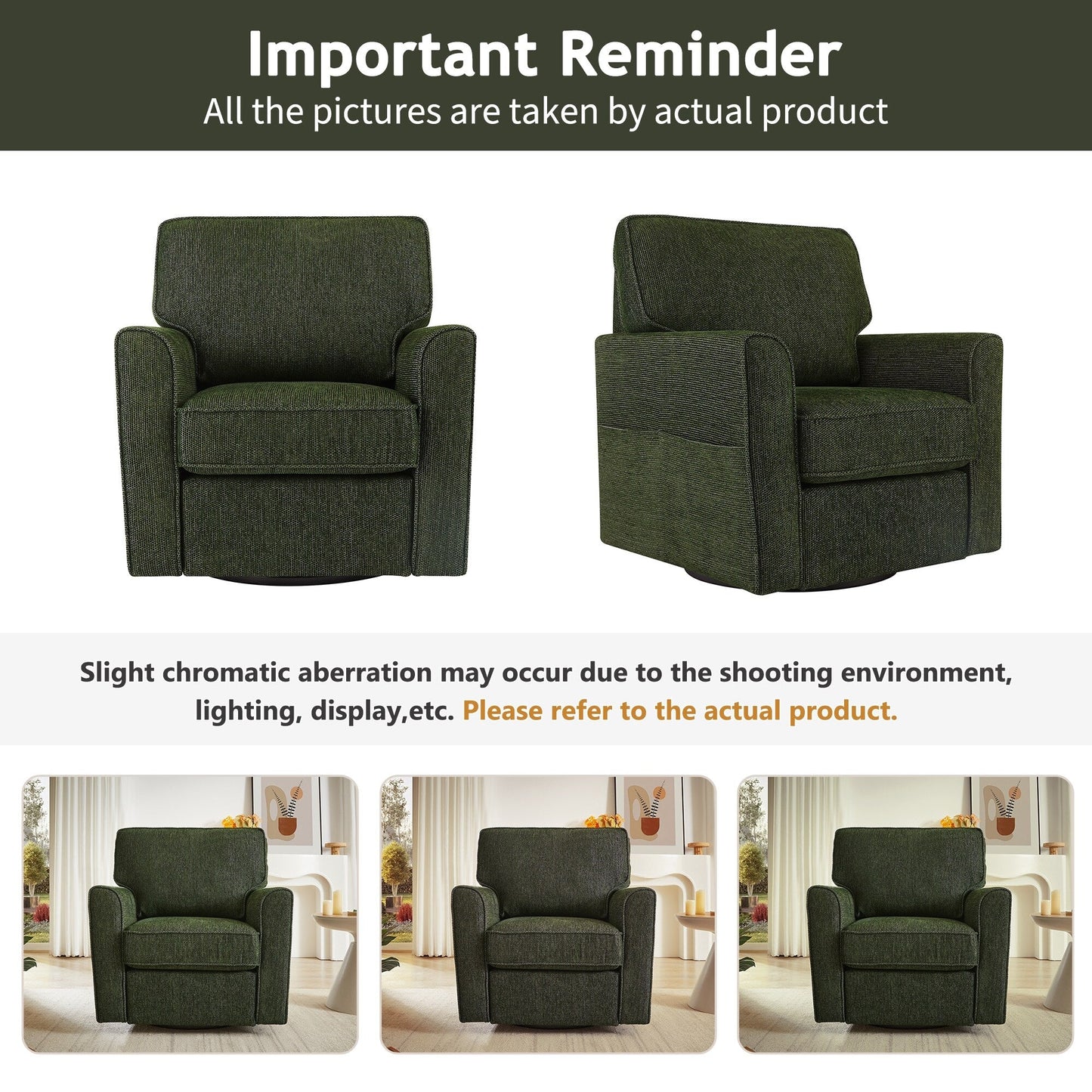 Fauteuil d'appoint pivotant à 360° rembourré Roomfitters avec poches latérales pour salon, chambre, bureau, hôtel