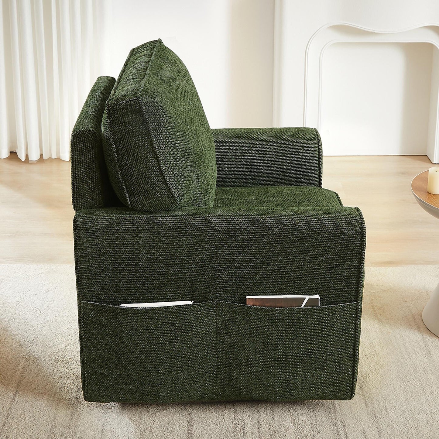 Fauteuil d'appoint pivotant à 360° rembourré Roomfitters avec poches latérales pour salon, chambre, bureau, hôtel