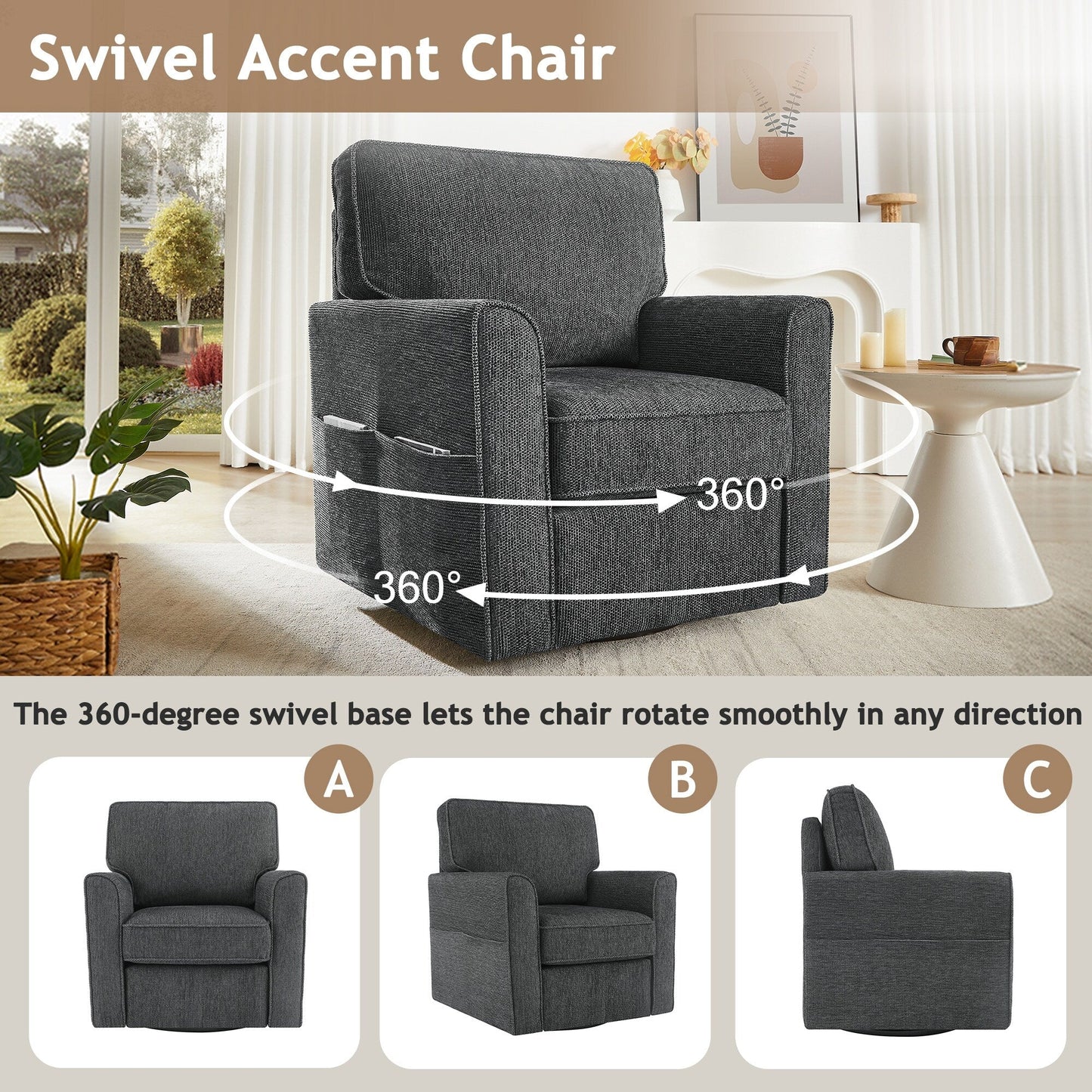 Fauteuil d'appoint pivotant à 360° rembourré Roomfitters avec poches latérales pour salon, chambre, bureau, hôtel