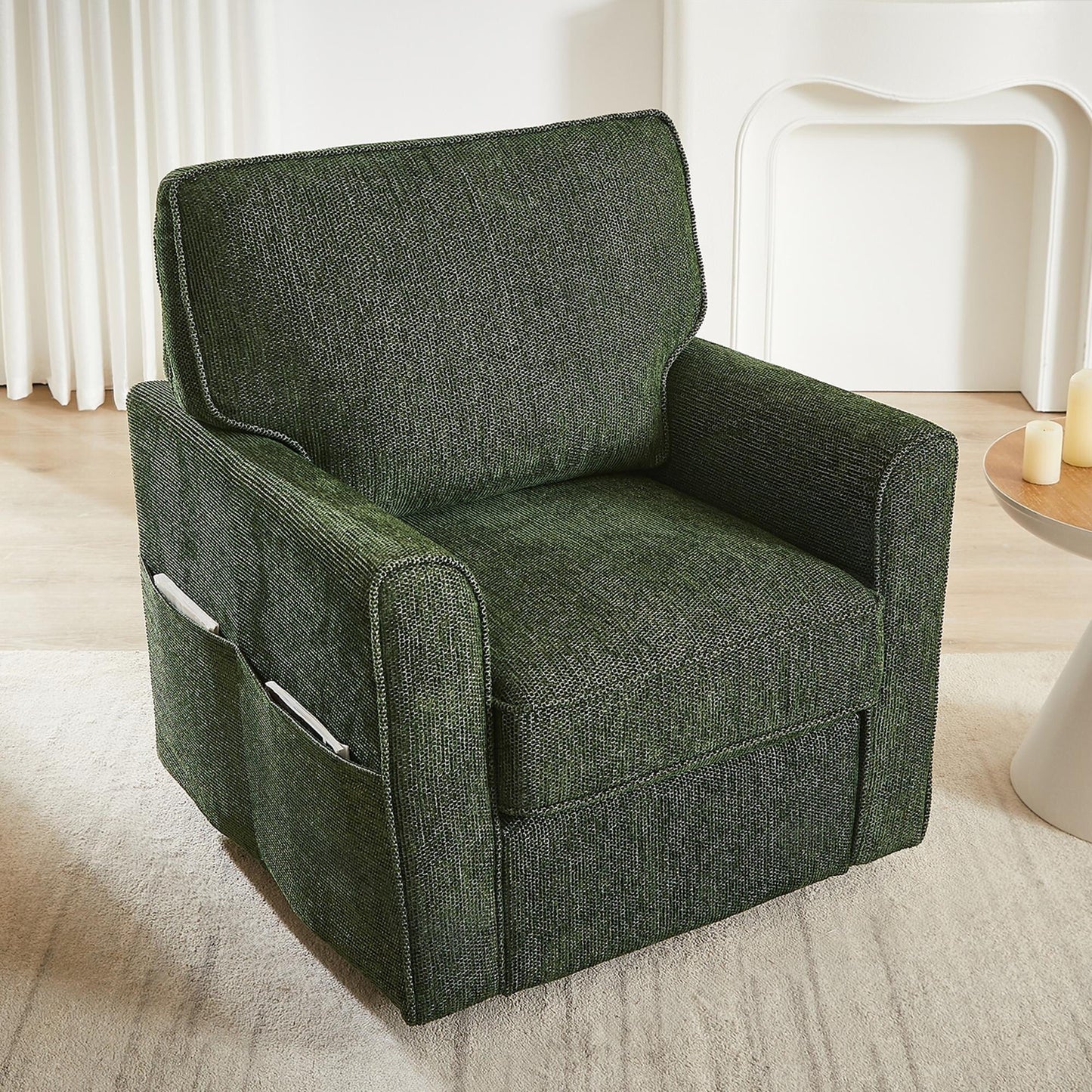 Fauteuil d'appoint pivotant à 360° rembourré Roomfitters avec poches latérales pour salon, chambre, bureau, hôtel