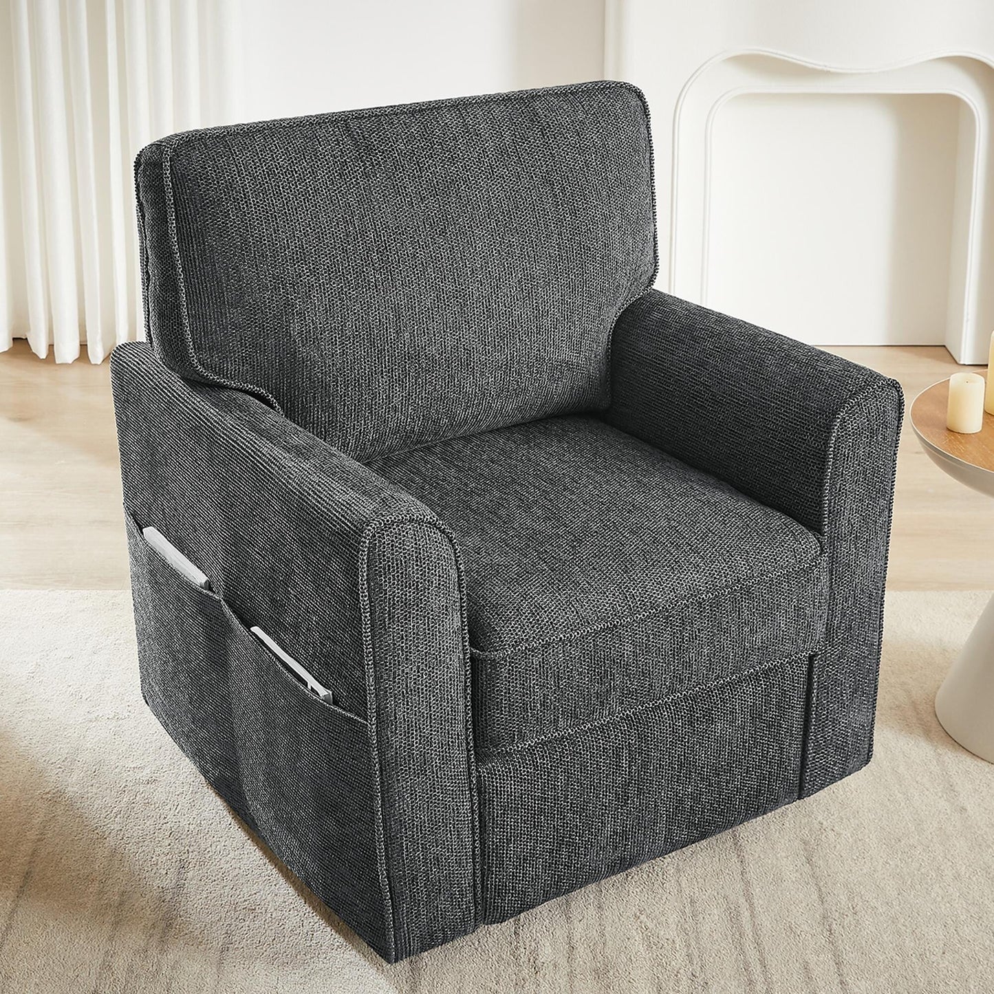 Fauteuil d'appoint pivotant à 360° rembourré Roomfitters avec poches latérales pour salon, chambre, bureau, hôtel