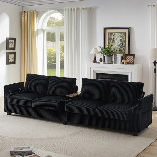 Canapé-lit 4 places moderne en velours côtelé Roomfitters avec ports USB, accoudoirs de rangement dissimulés et porte-gobelets rabattables pour le salon
