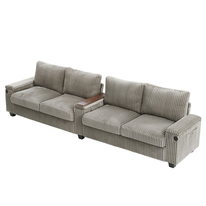 Canapé-lit 4 places moderne en velours côtelé Roomfitters avec ports USB, accoudoirs de rangement dissimulés et porte-gobelets rabattables pour le salon