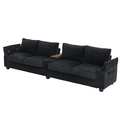 Canapé-lit 4 places moderne en velours côtelé Roomfitters avec ports USB, accoudoirs de rangement dissimulés et porte-gobelets rabattables pour le salon