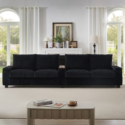 Canapé-lit 4 places moderne en velours côtelé Roomfitters avec ports USB, accoudoirs de rangement dissimulés et porte-gobelets rabattables pour le salon