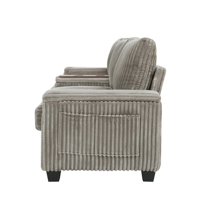 Canapé-lit 4 places moderne en velours côtelé Roomfitters avec ports USB, accoudoirs de rangement dissimulés et porte-gobelets rabattables pour le salon