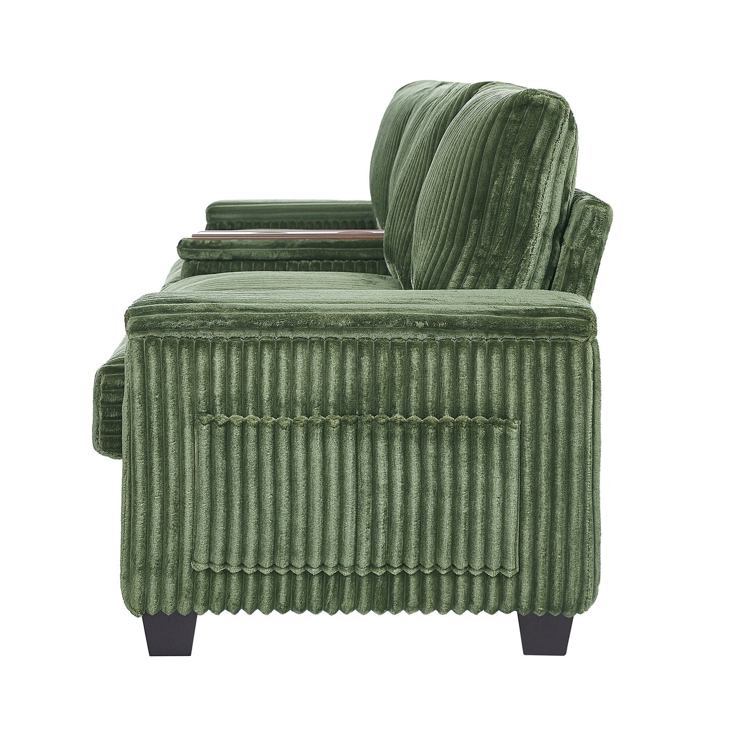 Canapé-lit 4 places moderne en velours côtelé Roomfitters avec ports USB, accoudoirs de rangement dissimulés et porte-gobelets rabattables pour le salon