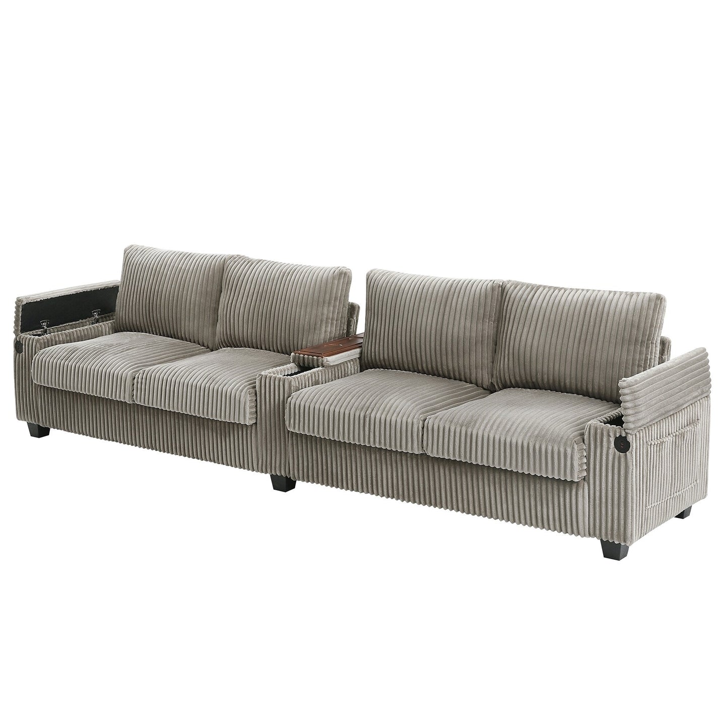 Canapé-lit 4 places moderne en velours côtelé Roomfitters avec ports USB, accoudoirs de rangement dissimulés et porte-gobelets rabattables pour le salon