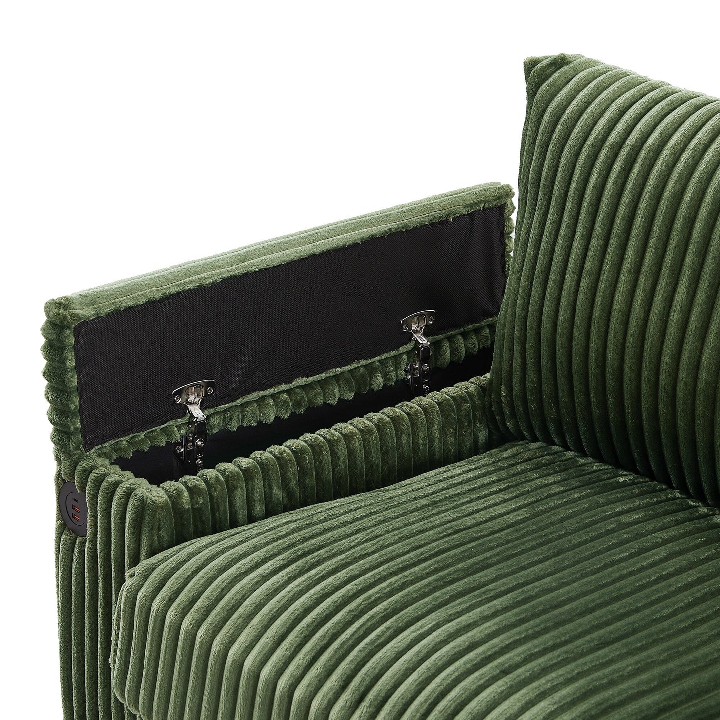 Canapé-lit 4 places moderne en velours côtelé Roomfitters avec ports USB, accoudoirs de rangement dissimulés et porte-gobelets rabattables pour le salon