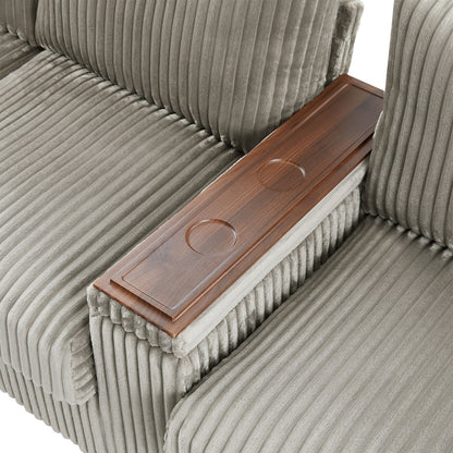 Canapé-lit 4 places moderne en velours côtelé Roomfitters avec ports USB, accoudoirs de rangement dissimulés et porte-gobelets rabattables pour le salon