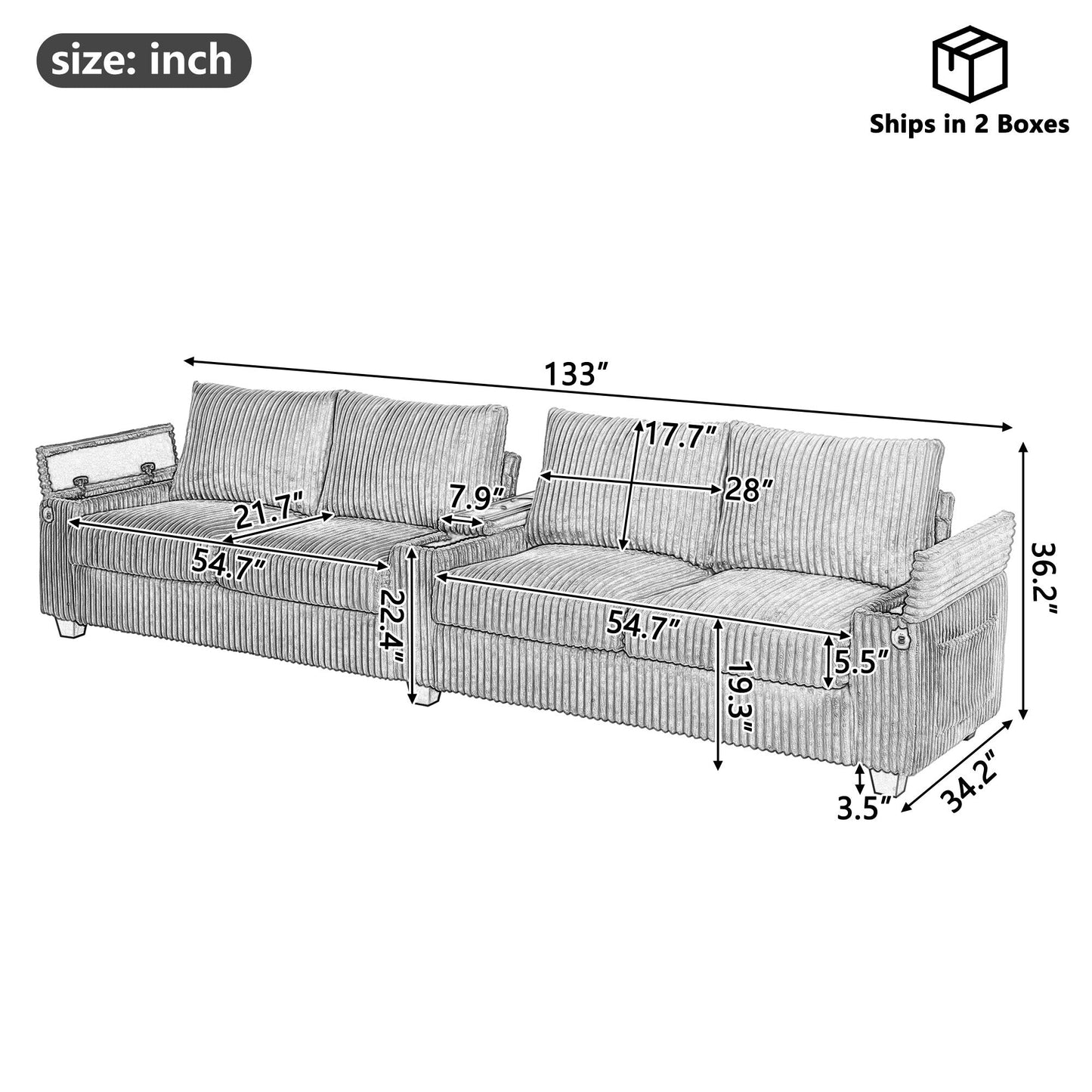 Canapé-lit 4 places moderne en velours côtelé Roomfitters avec ports USB, accoudoirs de rangement dissimulés et porte-gobelets rabattables pour le salon
