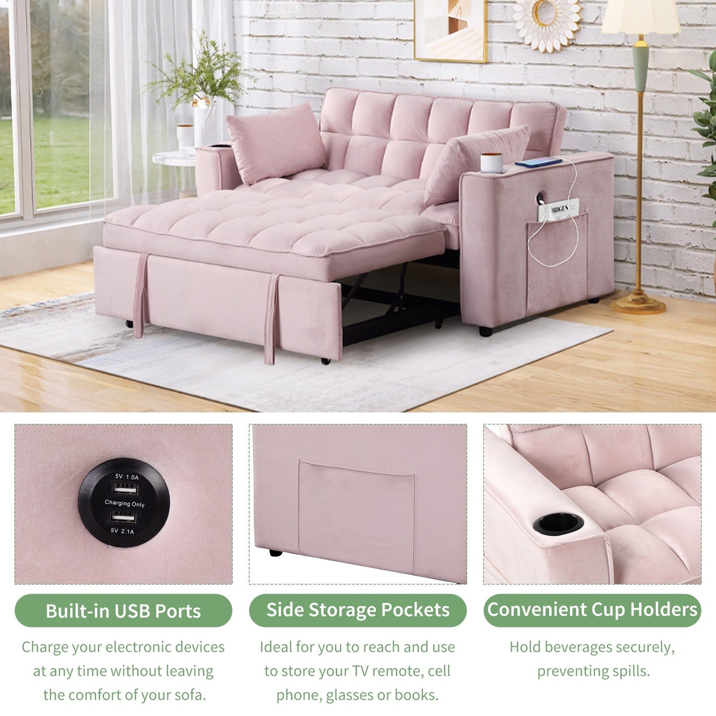 Canapé-lit multifonction Roomfitters 58 4-1 avec porte-gobelet et port USB pour salon ou appartement