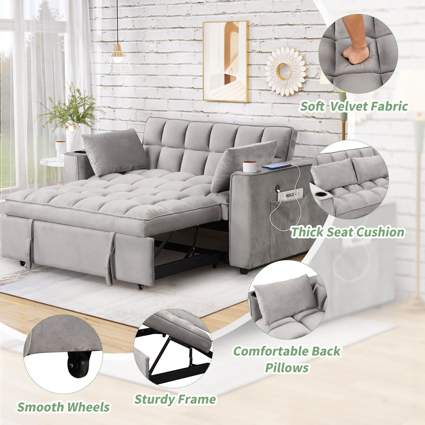 Canapé-lit multifonction Roomfitters 58 4-1 avec porte-gobelet et port USB pour salon ou appartement