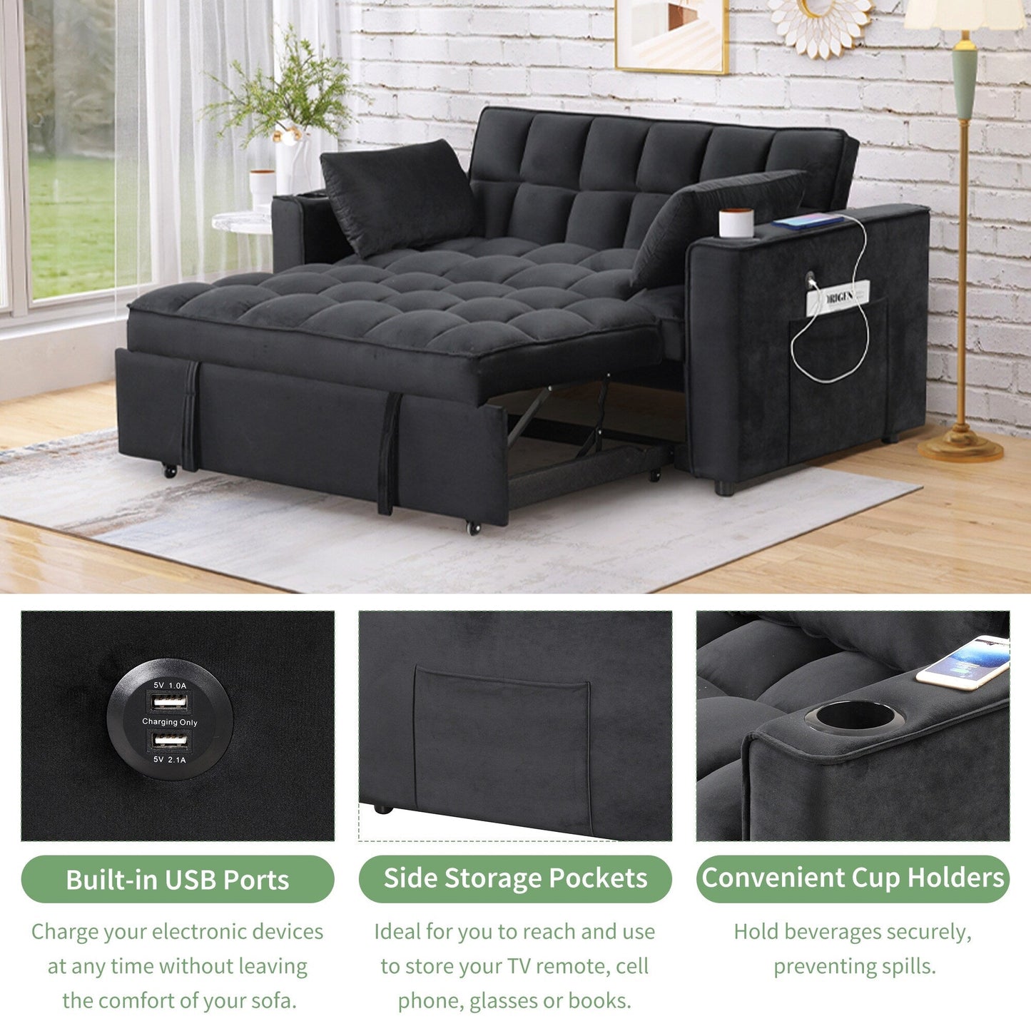 Canapé-lit multifonction Roomfitters 58 4-1 avec porte-gobelet et port USB pour salon ou appartement