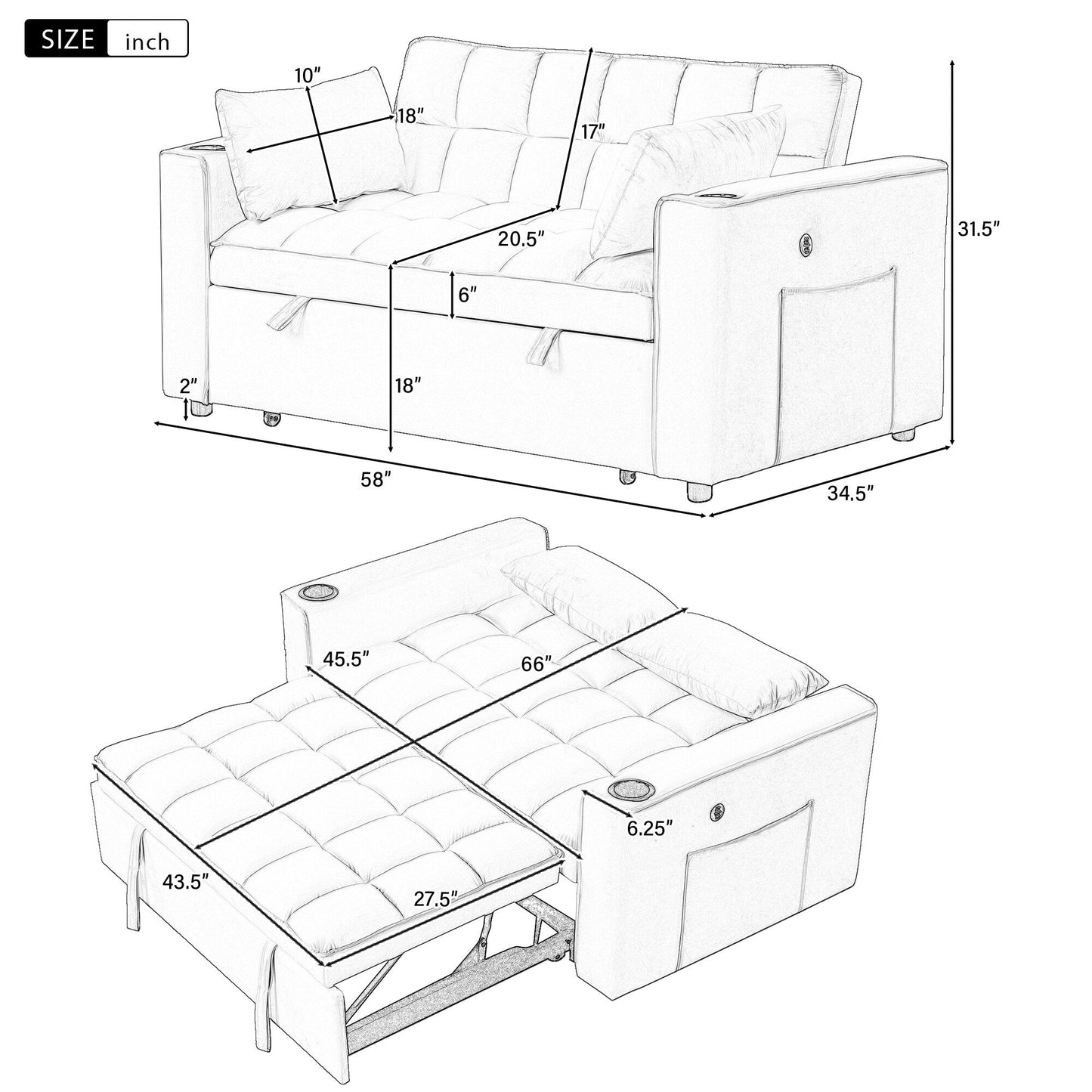 Canapé-lit multifonction Roomfitters 58 4-1 avec porte-gobelet et port USB pour salon ou appartement