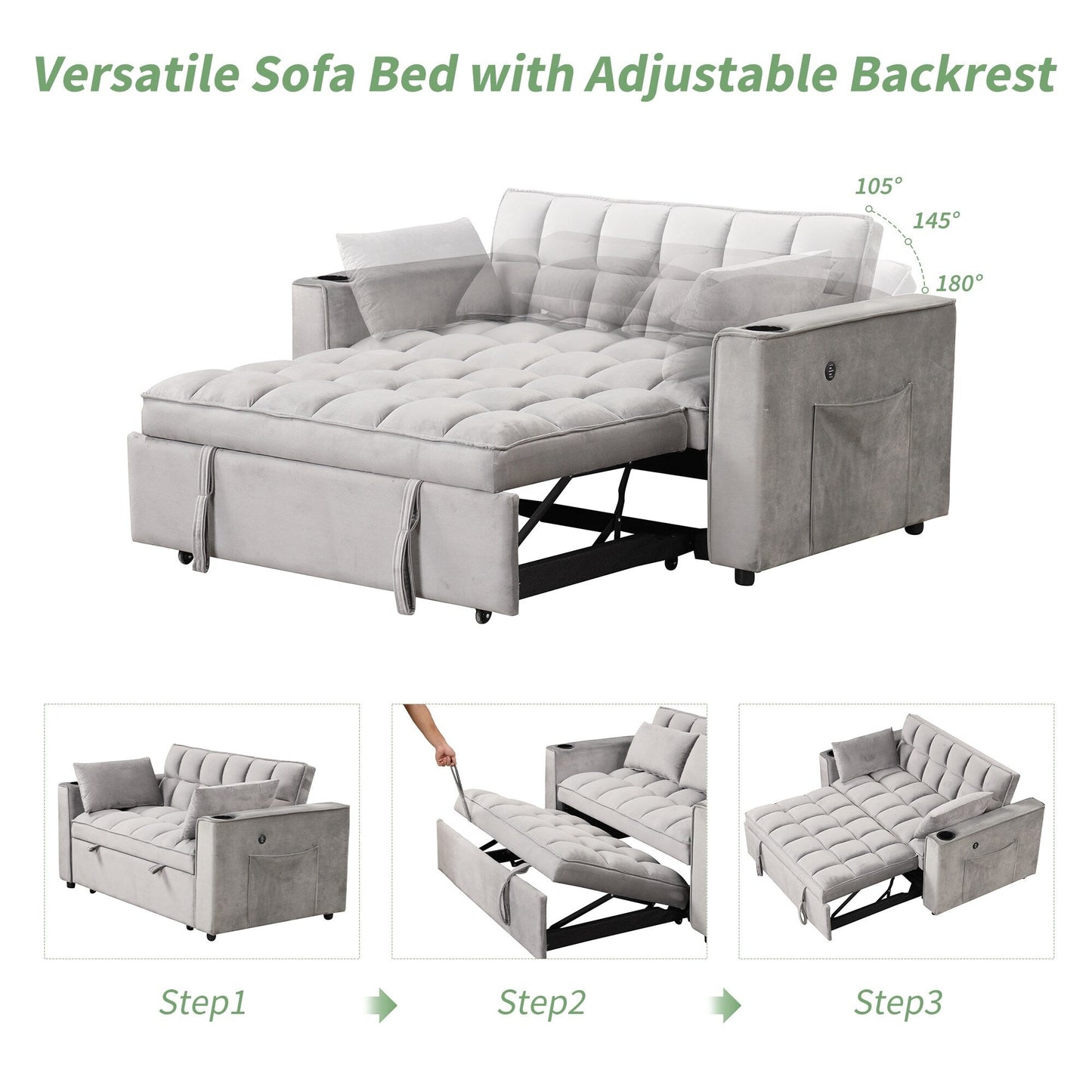 Canapé-lit multifonction Roomfitters 58 4-1 avec porte-gobelet et port USB pour salon ou appartement