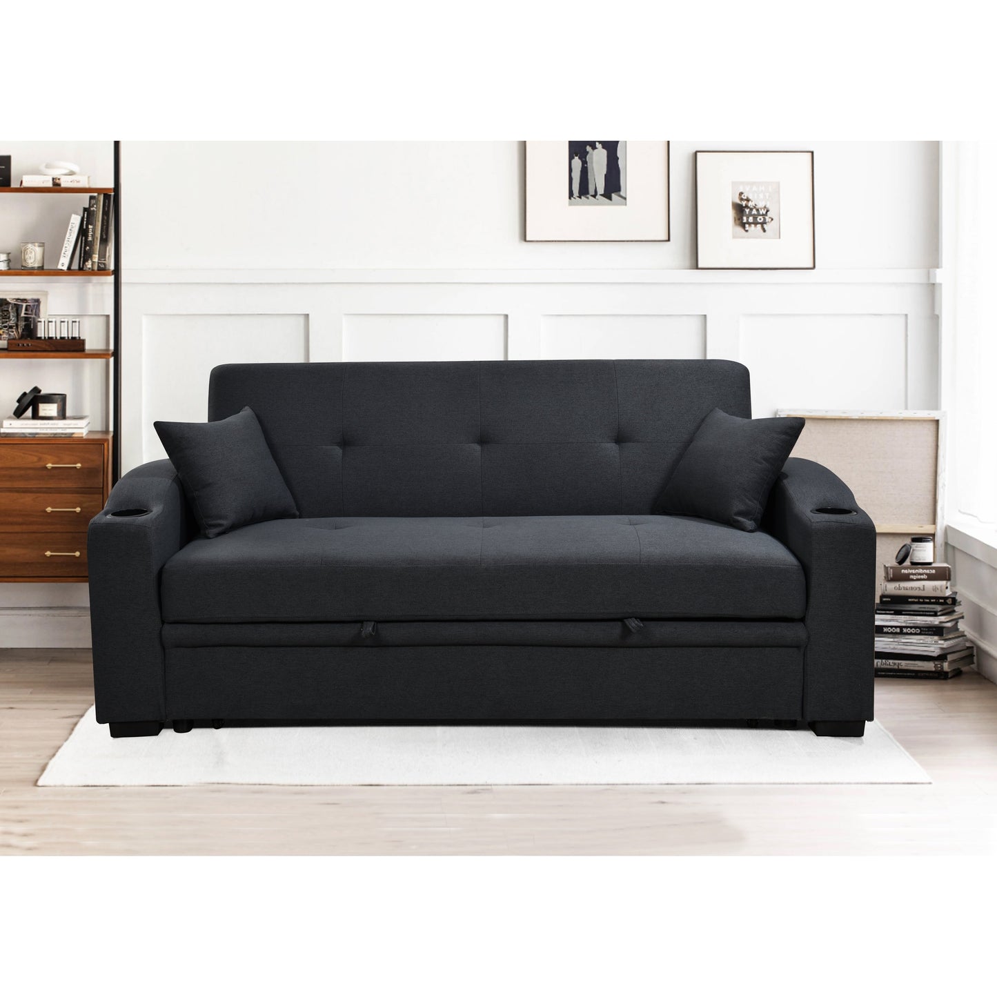 Canapé convertible 3 en 1 Roomfitters de 75 pouces, moderne, avec lit gigogne pratique, dossier inclinable, porte-gobelets et oreillers