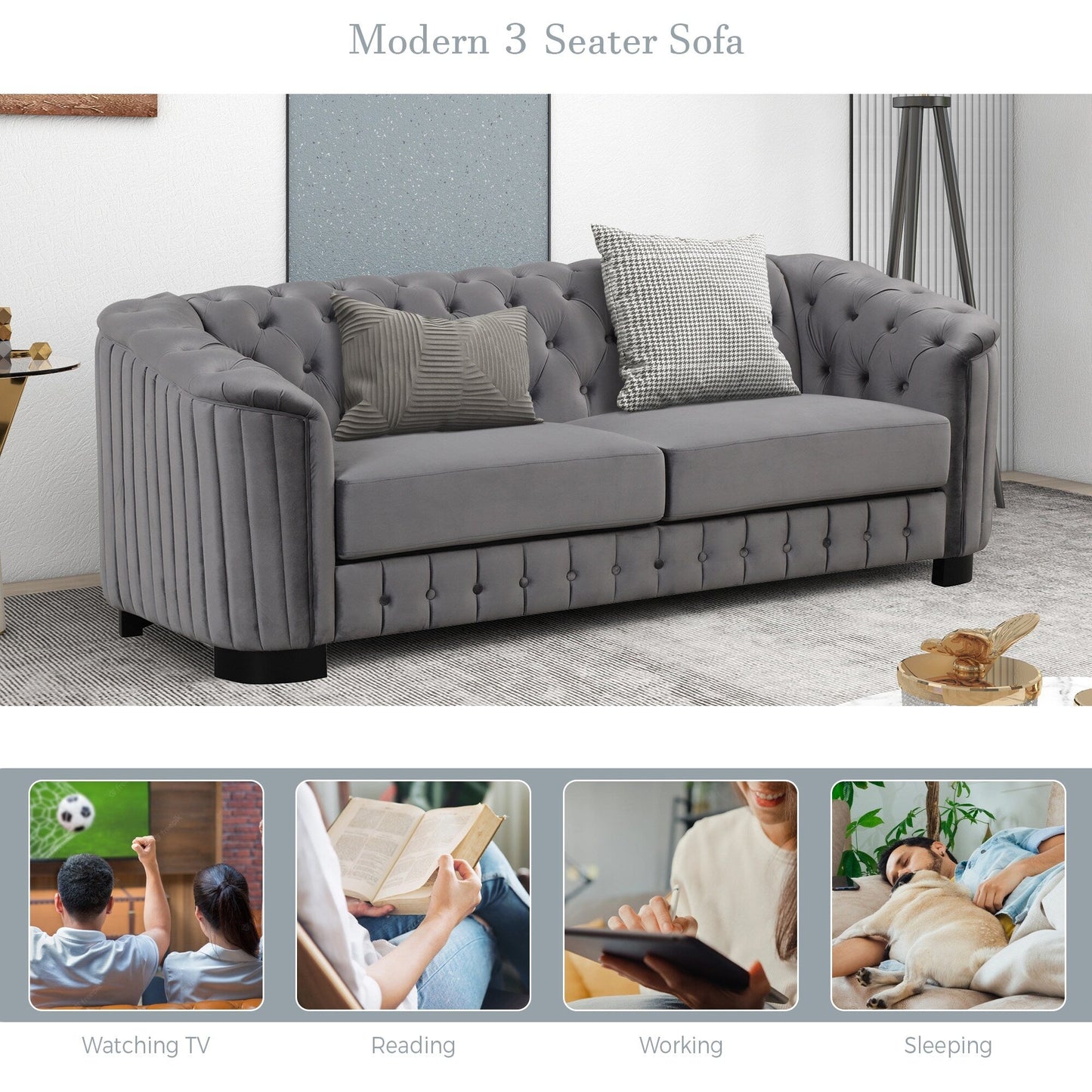 Canapé 3 places en velours moderne du milieu du siècle avec pieds en bois d'hévéa et coussin d'assise épais et amovible, Roomfitters 82.4