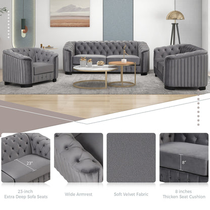 Canapé 3 places en velours moderne du milieu du siècle avec pieds en bois d'hévéa et coussin d'assise épais et amovible, Roomfitters 82.4
