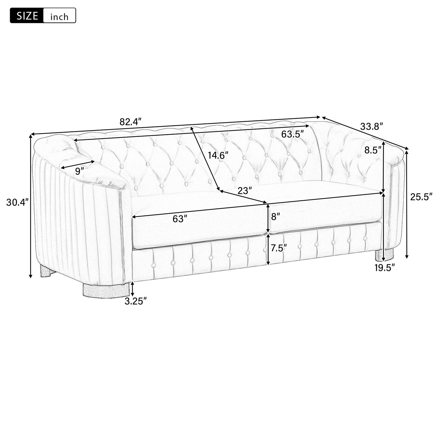 Canapé 3 places en velours moderne du milieu du siècle avec pieds en bois d'hévéa et coussin d'assise épais et amovible, Roomfitters 82.4