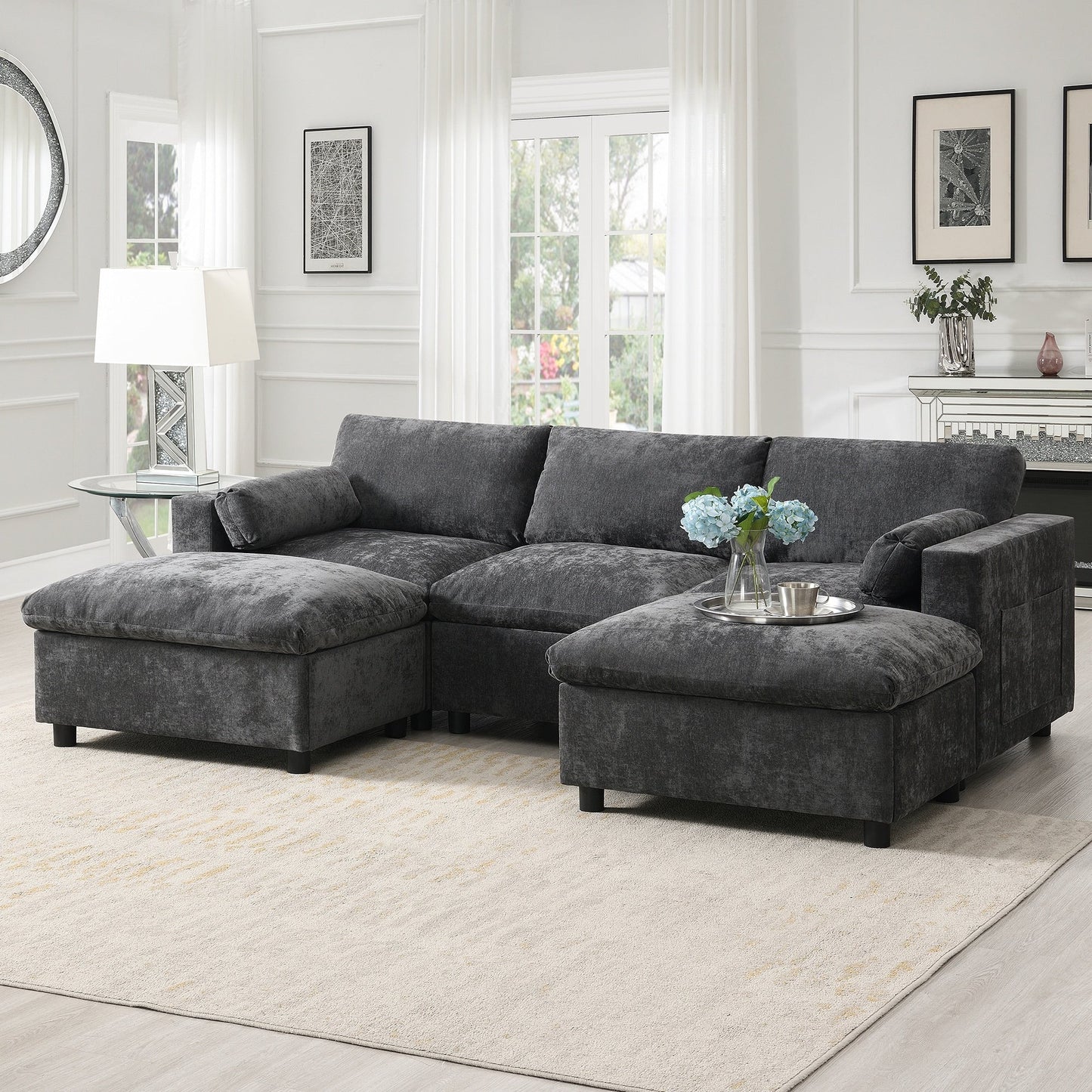 Canapé modulable en U 5 places en chenille Roomfitters 86,5, avec poches de rangement, coussins et 2 poufs