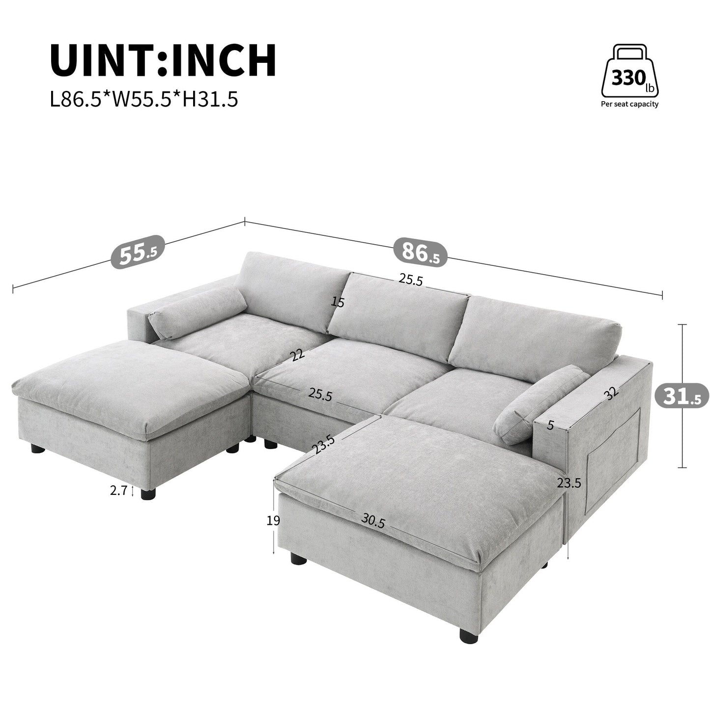 Canapé modulable en U 5 places en chenille Roomfitters 86,5, avec poches de rangement, coussins et 2 poufs