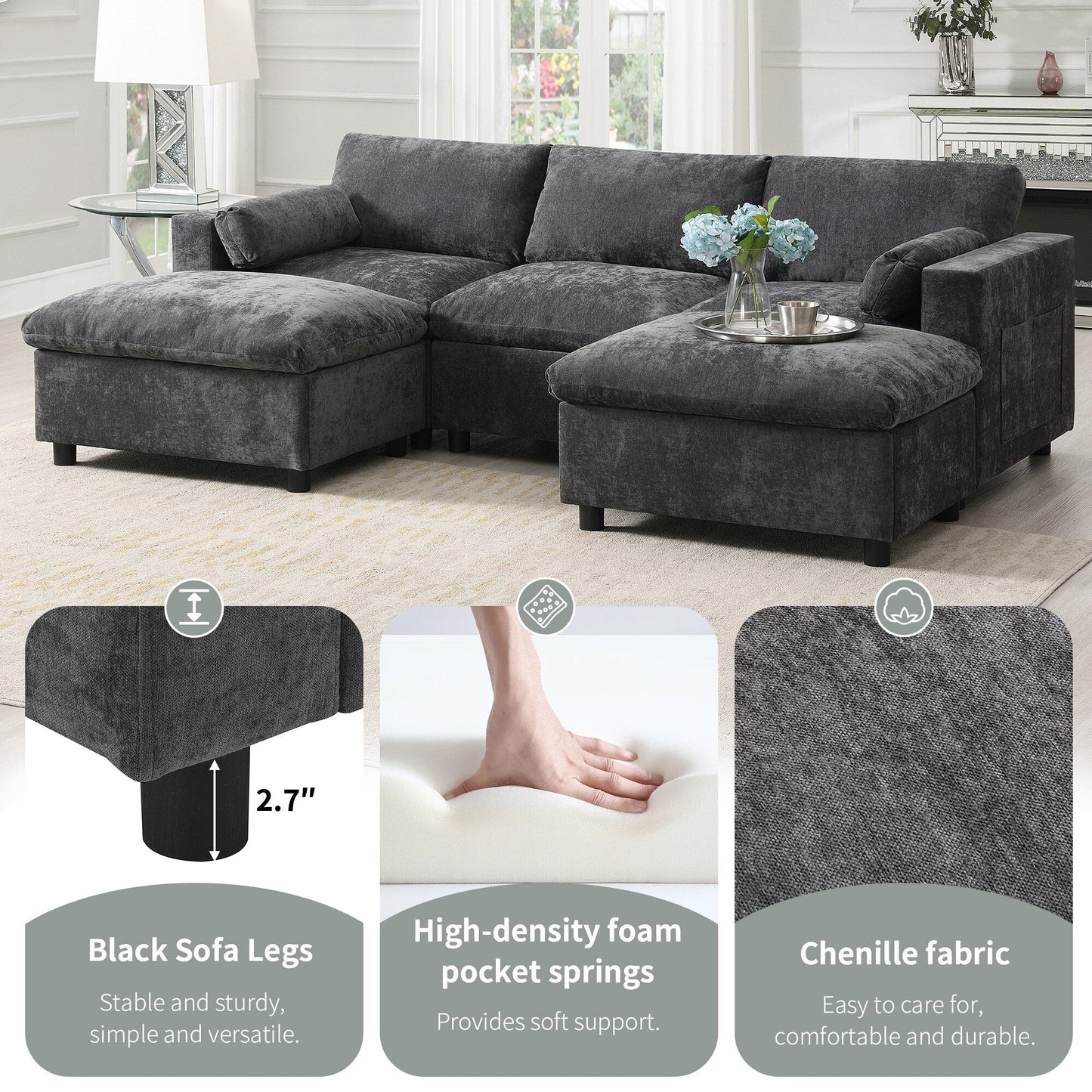 Canapé modulable en U 5 places en chenille Roomfitters 86,5, avec poches de rangement, coussins et 2 poufs
