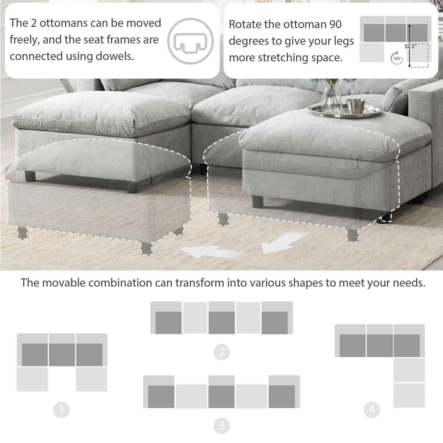 Canapé modulable en U 5 places en chenille Roomfitters 86,5, avec poches de rangement, coussins et 2 poufs