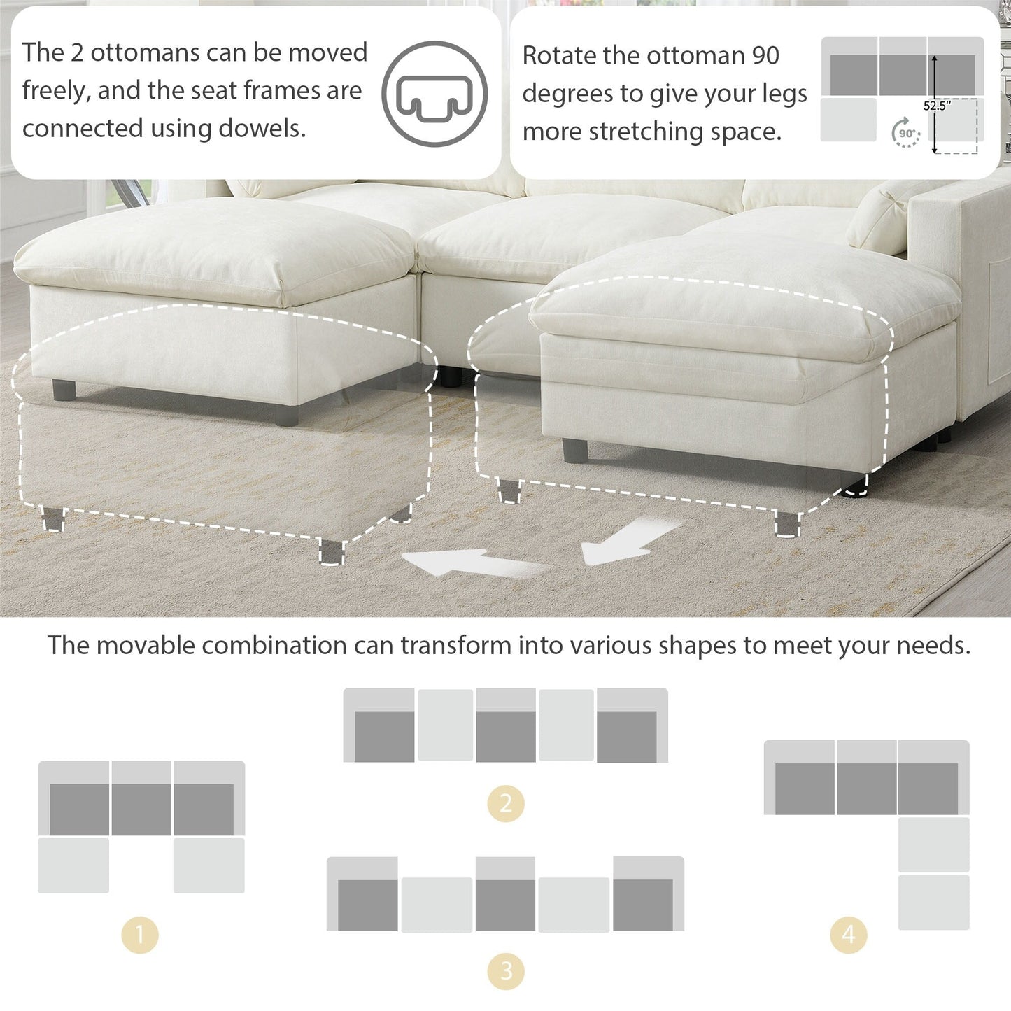 Canapé modulable en U 5 places en chenille Roomfitters 86,5, avec poches de rangement, coussins et 2 poufs