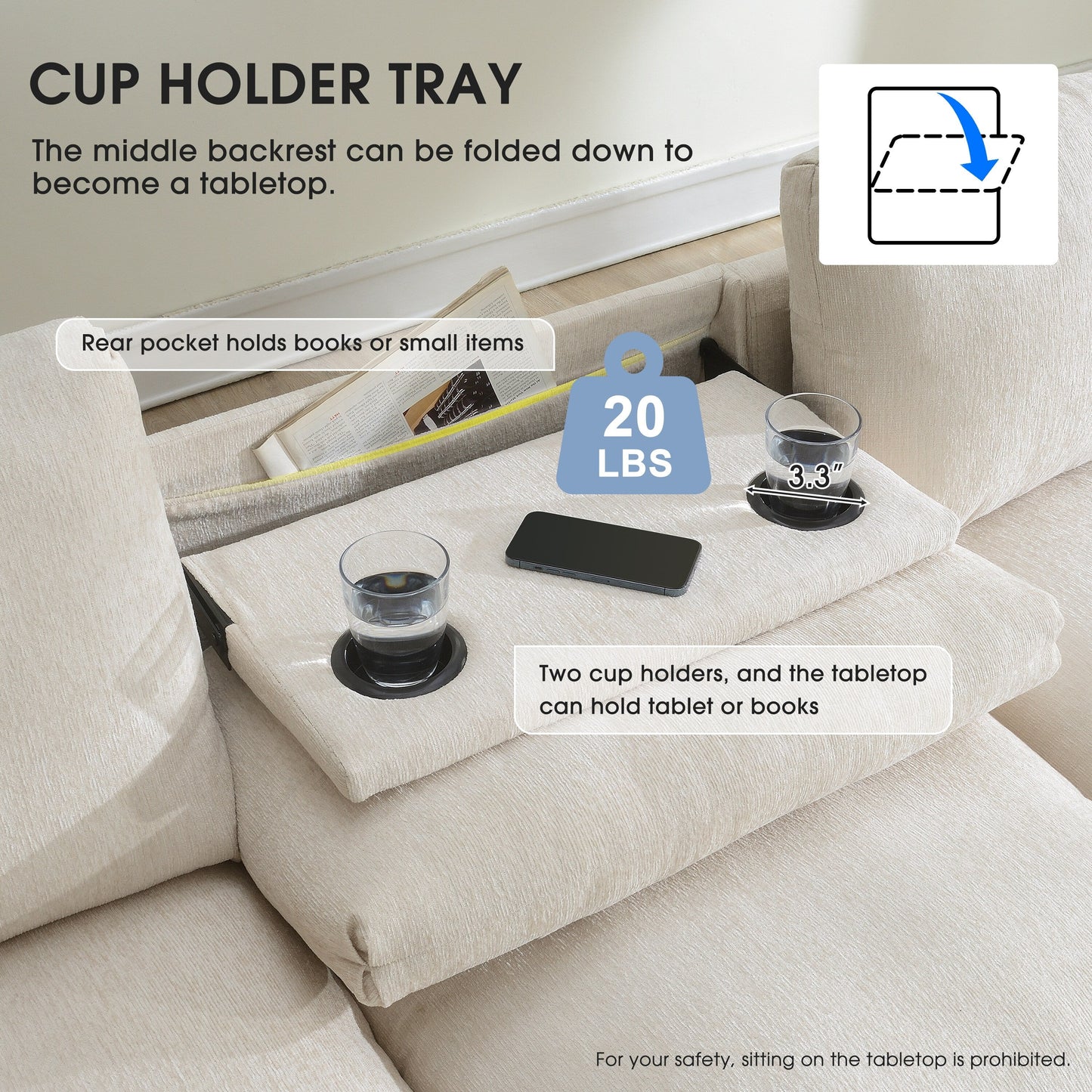 Canapé sectionnel en chenille Roomfitters 96'' x 35'' avec haut-parleur Bluetooth, ensemble de canapés Cloud confortable avec table rabattable et chargeur USB