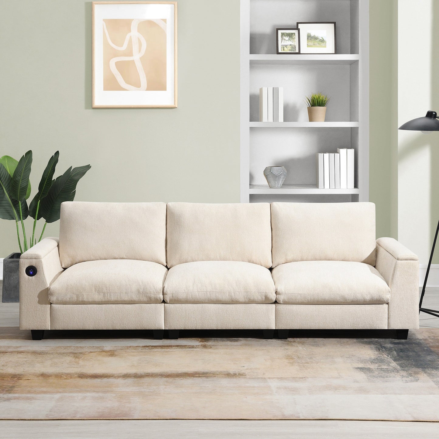 Canapé sectionnel en chenille Roomfitters 96'' x 35'' avec haut-parleur Bluetooth, ensemble de canapés Cloud confortable avec table rabattable et chargeur USB