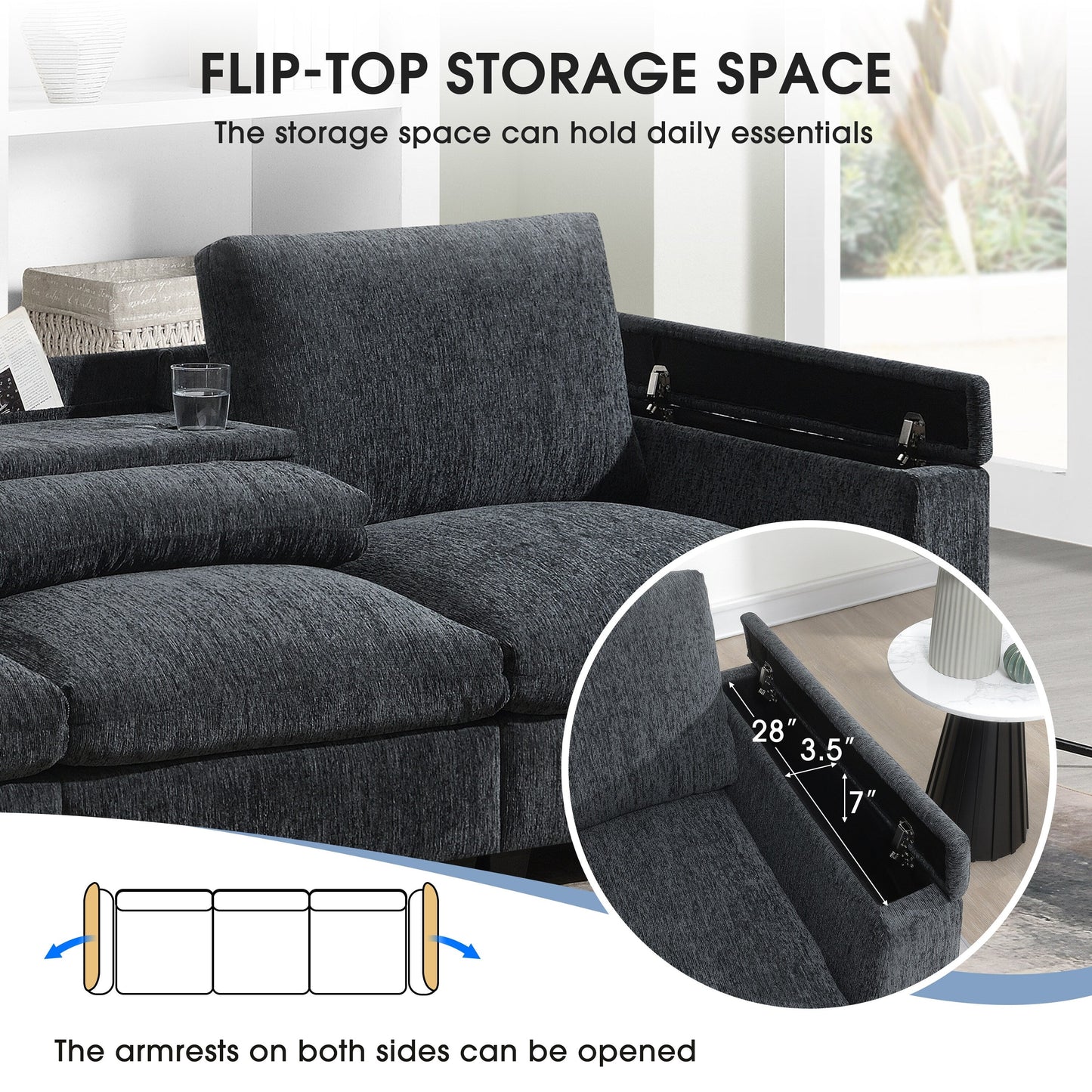 Canapé sectionnel en chenille Roomfitters 96'' x 35'' avec haut-parleur Bluetooth, ensemble de canapés Cloud confortable avec table rabattable et chargeur USB