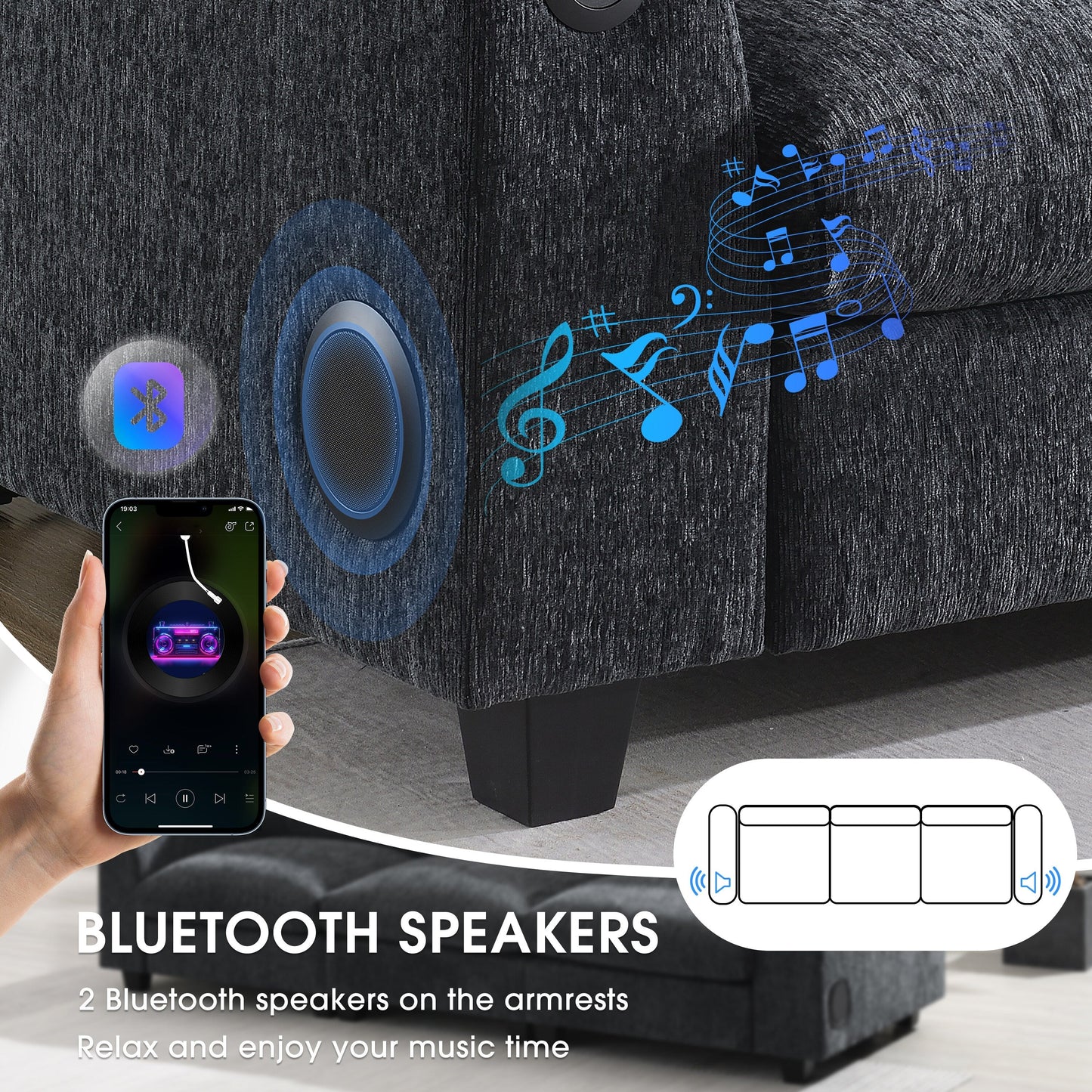 Canapé sectionnel en chenille Roomfitters 96'' x 35'' avec haut-parleur Bluetooth, ensemble de canapés Cloud confortable avec table rabattable et chargeur USB