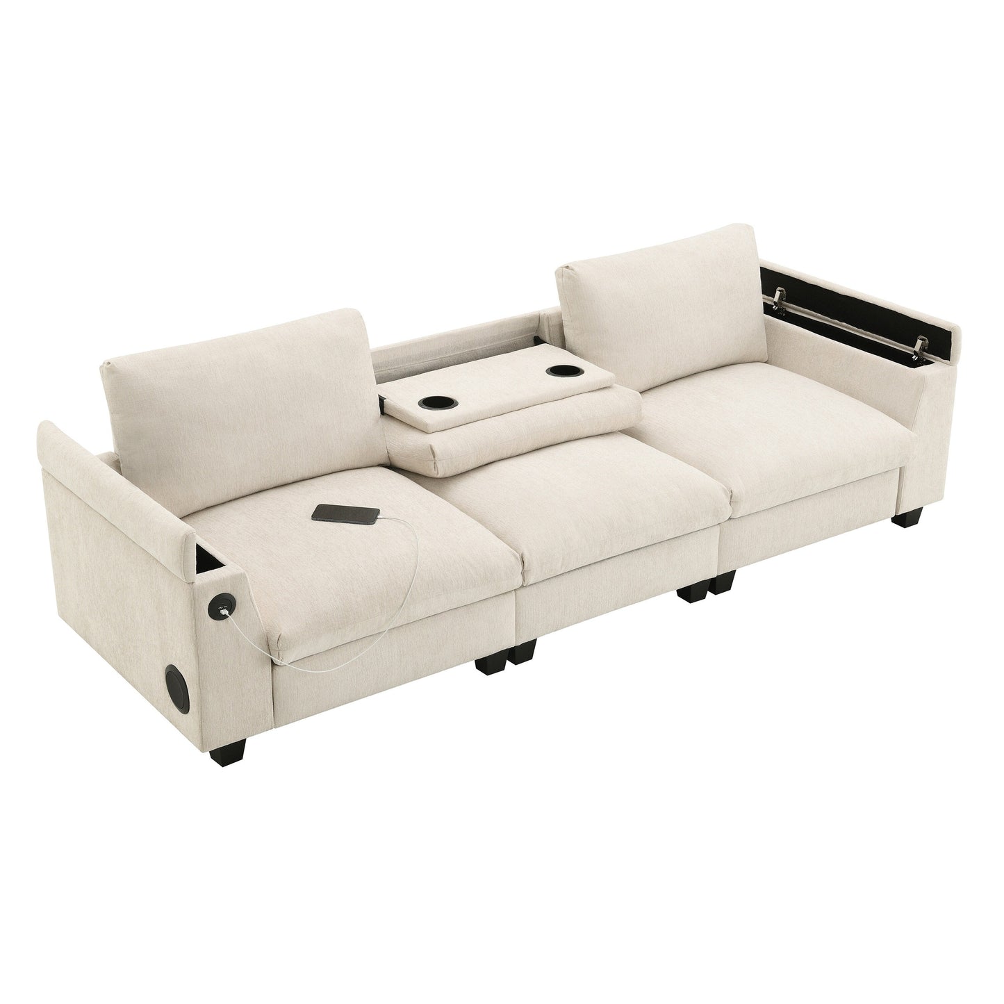 Canapé sectionnel en chenille Roomfitters 96'' x 35'' avec haut-parleur Bluetooth, ensemble de canapés Cloud confortable avec table rabattable et chargeur USB