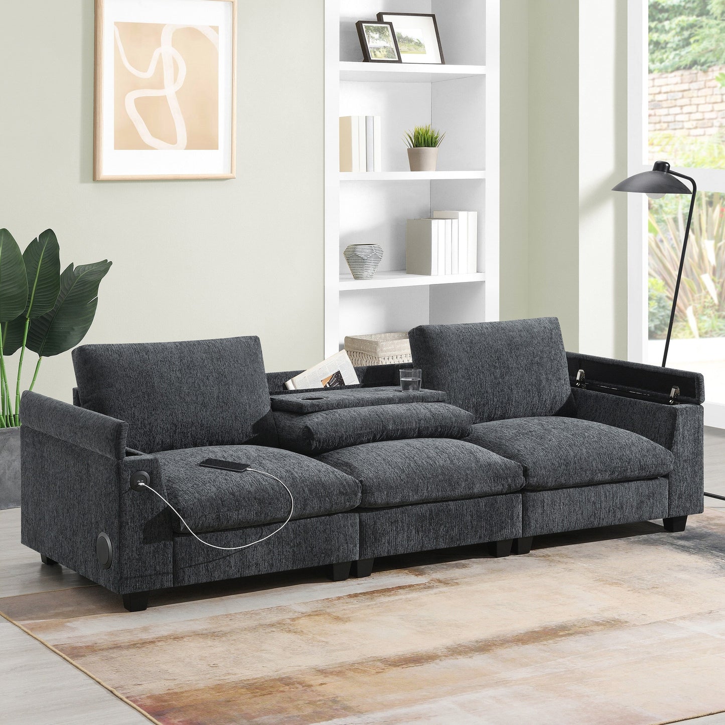 Canapé sectionnel en chenille Roomfitters 96'' x 35'' avec haut-parleur Bluetooth, ensemble de canapés Cloud confortable avec table rabattable et chargeur USB