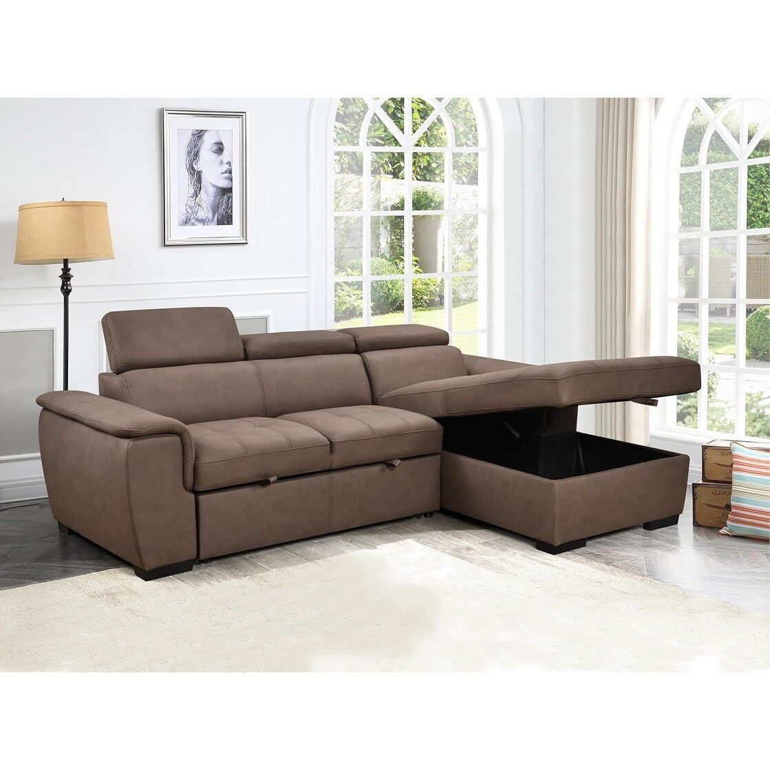 Canapé sectionnel convertible Roomfitters 97 avec méridienne de rangement, appuis-tête réglables et canapé-lit contemporain en L