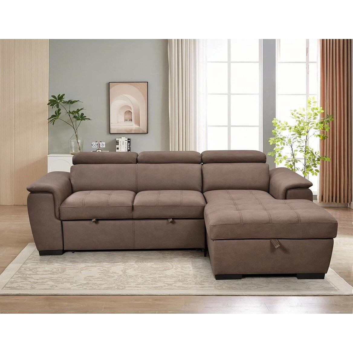 Canapé sectionnel convertible Roomfitters 97 avec méridienne de rangement, appuis-tête réglables et canapé-lit contemporain en L